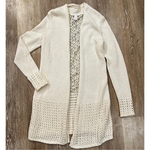 Chico's 0 Sz S Longline Lace Back Long Duster Sweater Cardigan Jacket Lattice - Picture 3 of 13